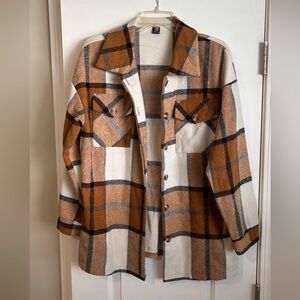 SHEIN Checkered Shirt Jacket in Brown and Cream